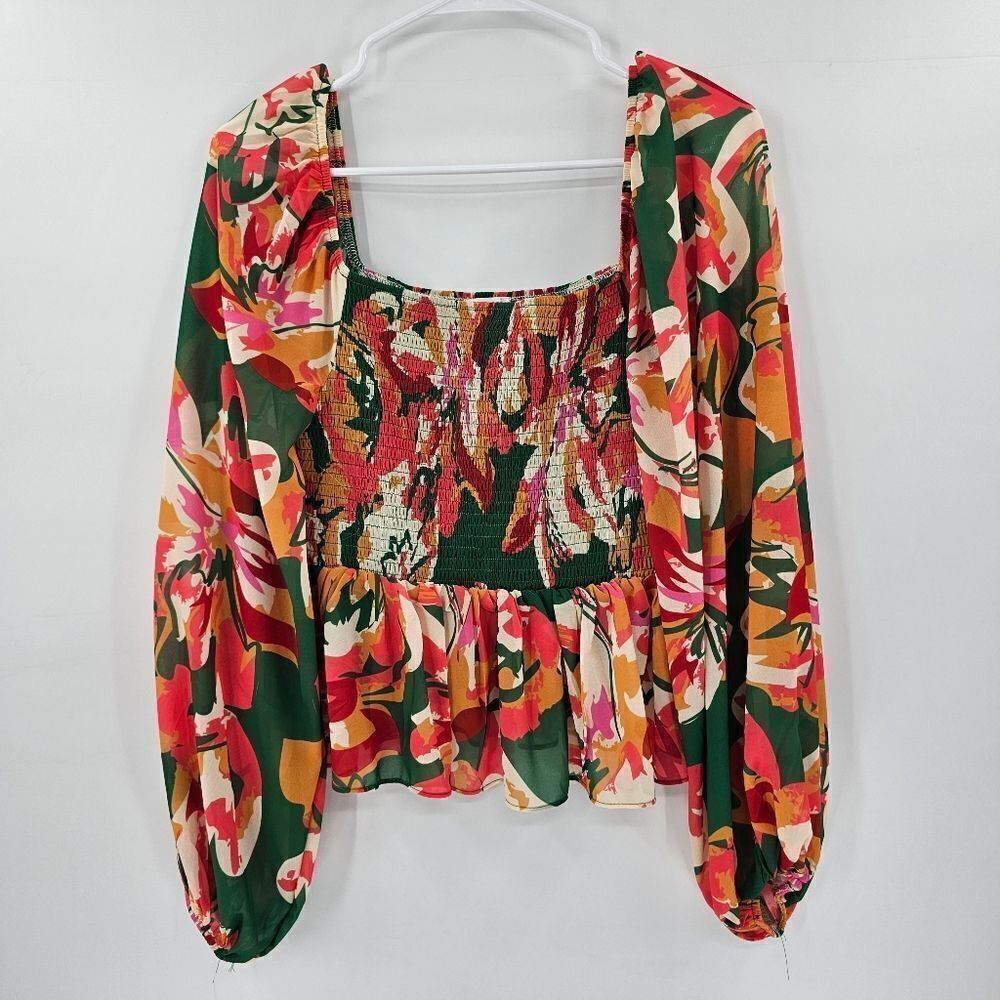Pink lily large blouse shirt balloon sleeve multicolored floral jungle